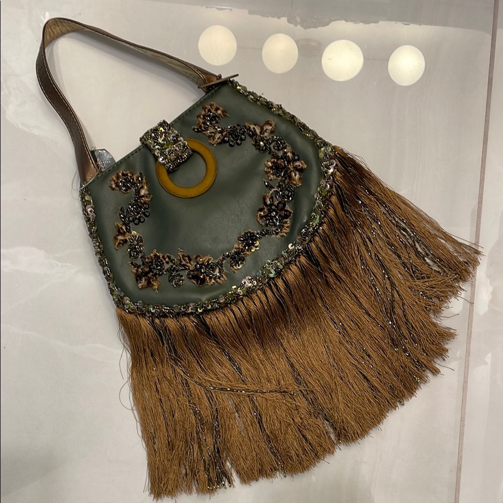 Mary Frances Green and Brown Shoulder Bag with Fringe